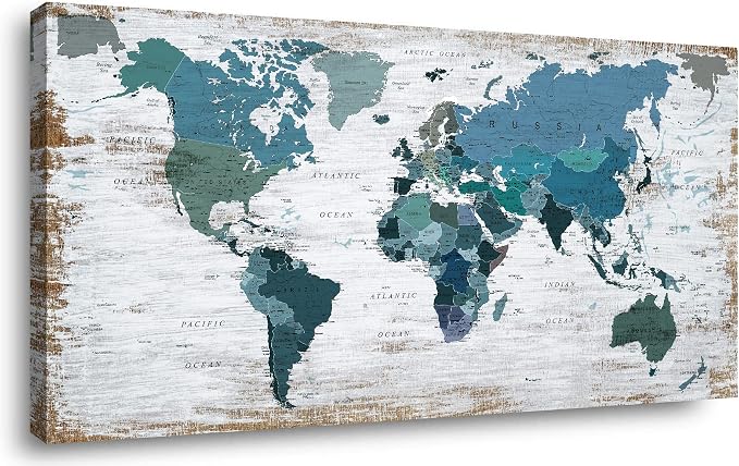 Teal Decor World Map Canvas Art Pictures by ZEYDRT