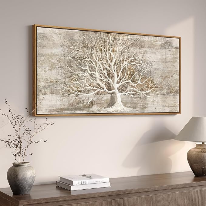 Framed Vintage Tree of Life Wall Art, Neutral Rustic Farmhouse Tree Canvas by Cuspin