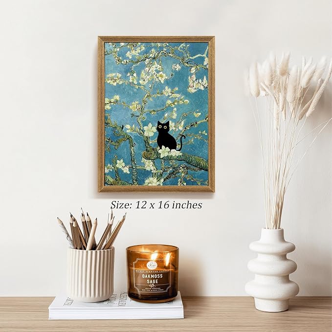 Fantasy Artists Van Gogh's Almond Blossom Funny Black Cat Canvas Wall Art - Image 5