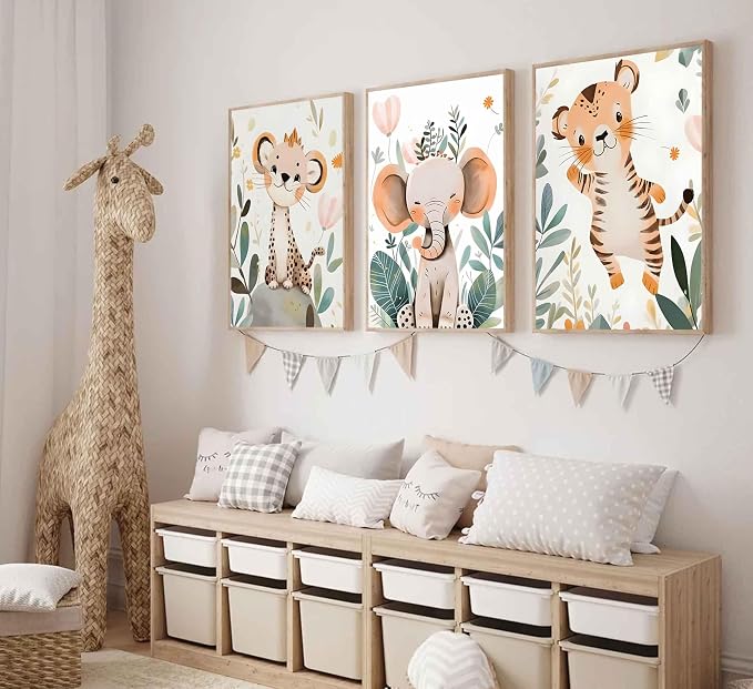 3 Pcs Safari Animals Nursery Canvas Wall Art Jungle Animals Cheetah Elephant - Image 5