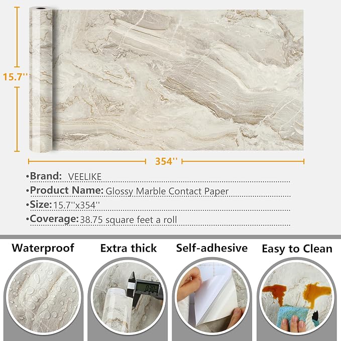 VEELIKE Glossy Beige Gold Liquid Marble Contact Paper - Image 8