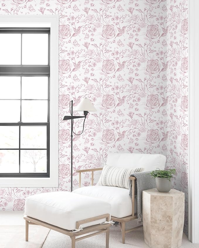 Yasinet Pink Floral Wallpaper Boho Peel and Stick Wallpaper Pink and White - Image 7