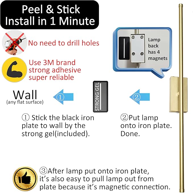 Set of 2 Battery Powered Linear Tube Rechargeable Gold Wall Sconce, Modern - Image 2