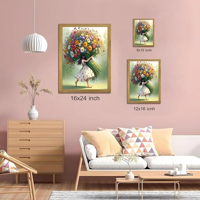 Wood Framed Pink Wildflower Canvas Wall Art, Girl Hugging Flowers Poster Prints - Image 2