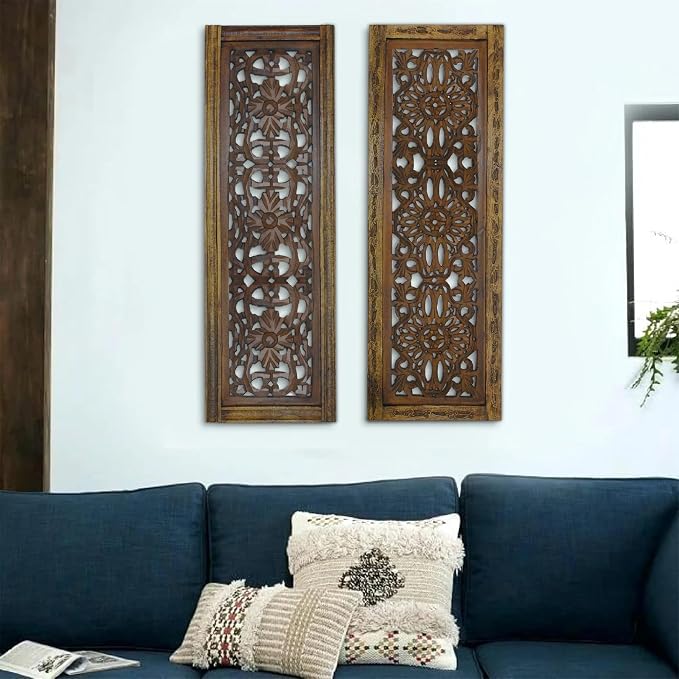 Floral Hand Carved Wooden Wall Panels Set of 2, Rustic Brown Decorative Wall Art - Image 2