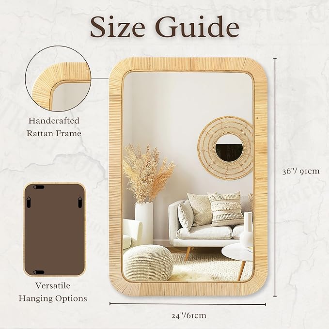 PERFNIQUE Rattan Mirror, Decorative Wall Nursery Decor, Rustic Farmhouse - Image 2