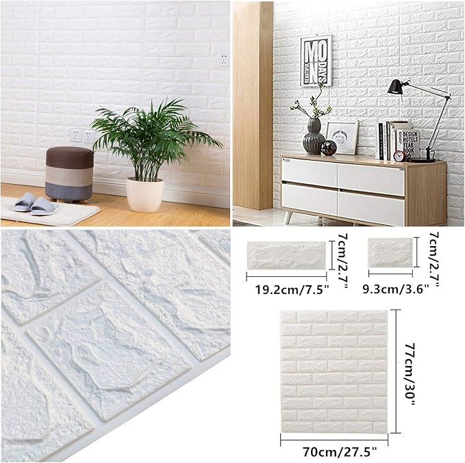 MYOYAY 10 Pcs 3D Wall Panels Peel and Stick 27.5 x 30.3 Inch White Brick - Image 6