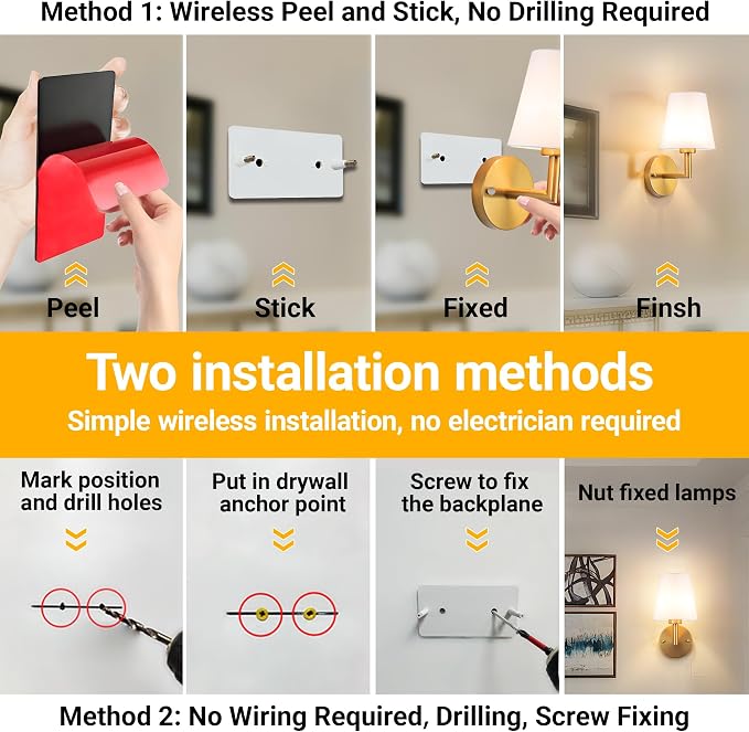 Vimhou Peel and Stick Wall Sconces, Stick On Wall Sconce Set of 2, Battery - Image 3