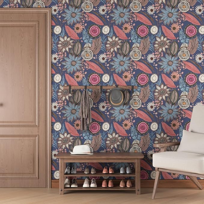 Boho Wallpaper Peel and Stick, Vintage Blue Pink Floral Contact Paper, Retro - Image 8