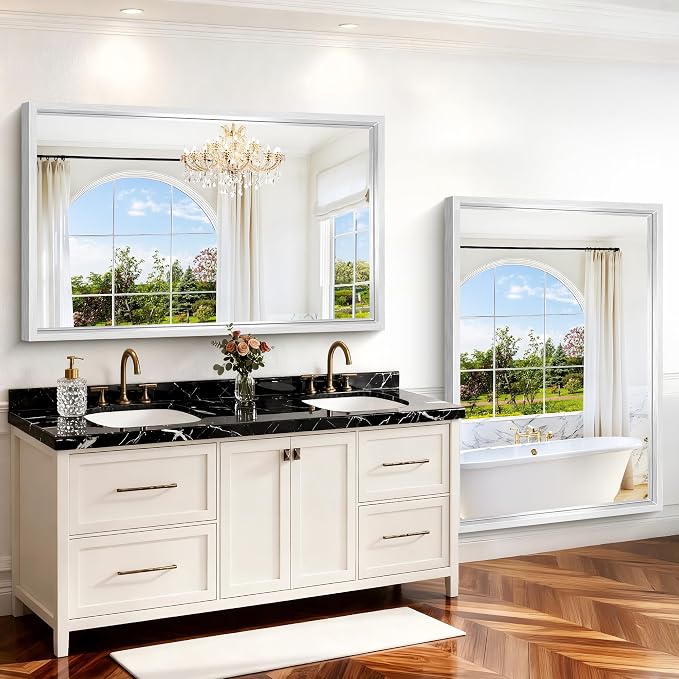 60"x40" Brushed Silver Bathroom Mirror, Large Rectangular Mirror - Image 4