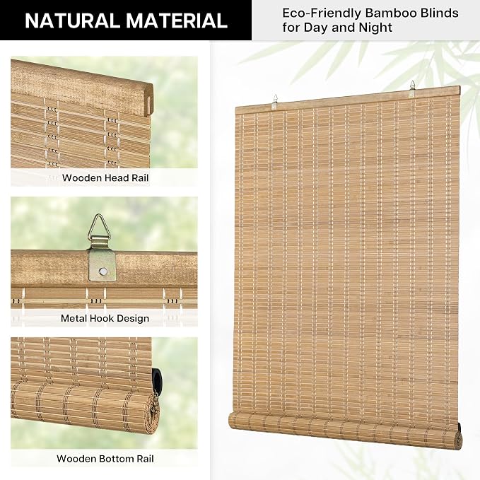 LazBlinds Cordless Bamboo Blinds, Bamboo Roll Up Shades - Image 2