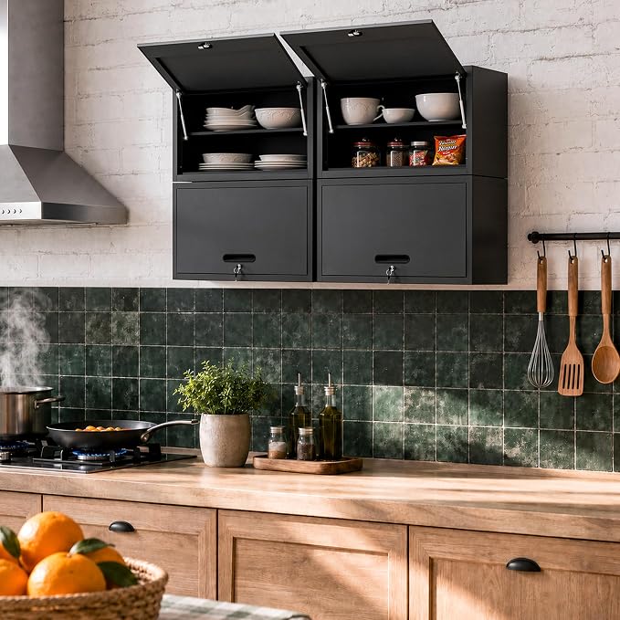 Garage Wall Cabinet with Flip-Up Door and Shelf, Lockable Metal Storage Cabinet - Image 6