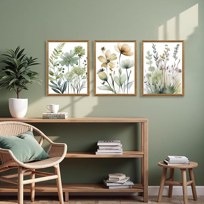 SYWENNOI Wood Framed Green Botanical Canvas Wall Art, Boho Floral Watercolor - Image 2