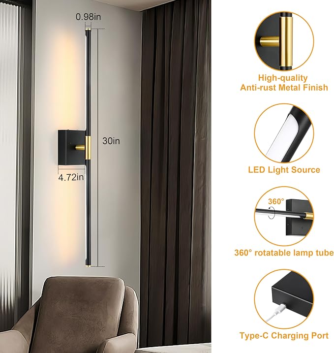 Morauroral 30 Inch Battery Operated Wall Sconces Set of Two, Dimmable Wall - Image 6