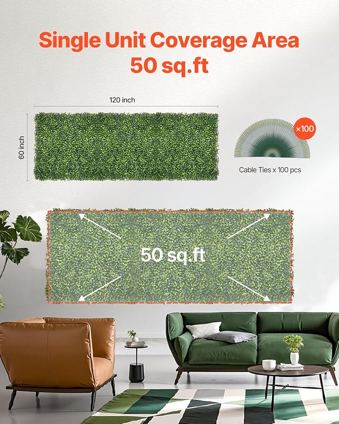 VEVOR Artificial Grass Wall Panels, 60 x 120 inch, Milan Grass Greenery Boxwood - Image 6