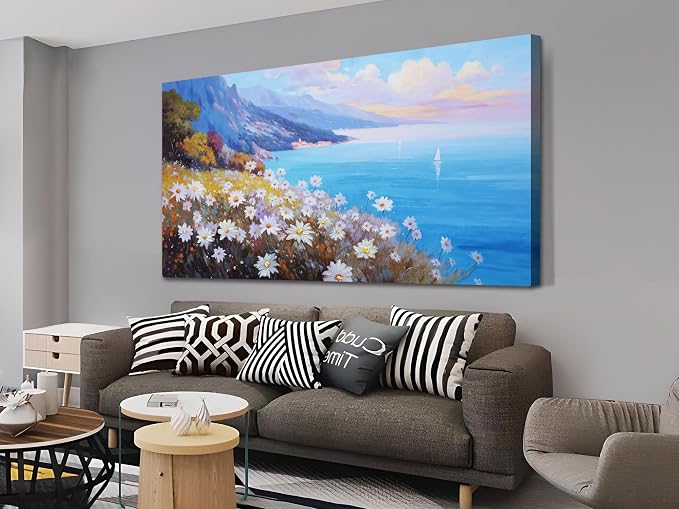 Anolyfi Coastal Landscape Wall Art Nature Flower Mountain Canvas Painting Blue - Image 6