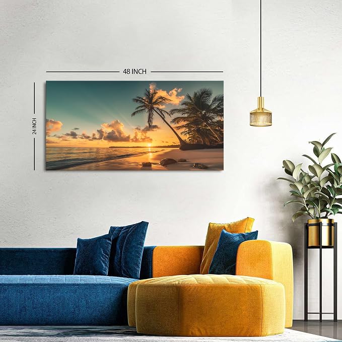Beach Wall Art Palm Tree Pictures Sunset Coastal Landscape Bathroom Wall Decor - Image 3