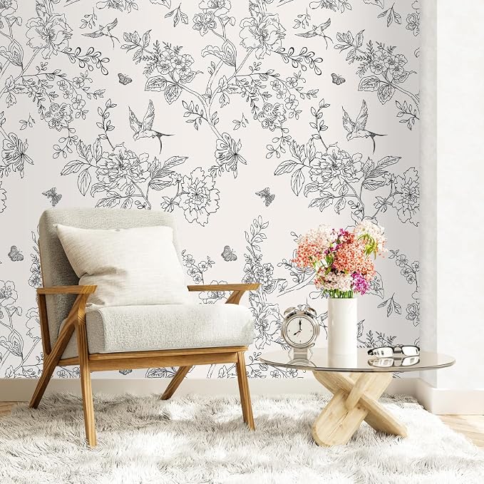 Froluya Black and Cream White Floral Wallpaper Peel and Stick Wallpaper - Image 3