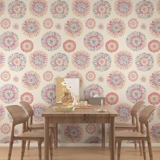Beige Boho Wallpaper Peel and Stick, Vintage Circle Floral Contact Paper 17.5" - Image 5