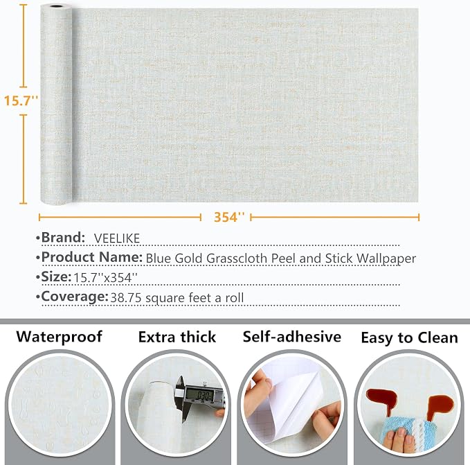VEELIKE Pale Green Gold Grasscloth Wallpaper Textured Faux Grasscloth Peel and - Image 8