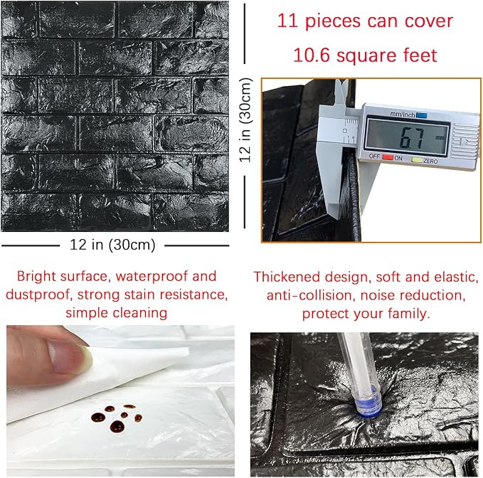 11PCS 3D Wall Panels Peel and Stick Faux Brick Wallpaper Black Self Adhesive - Image 5