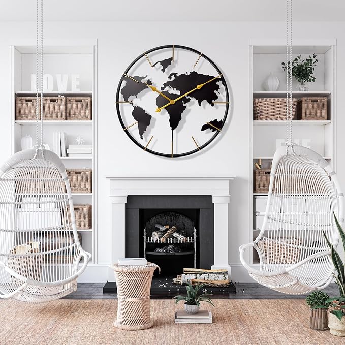 Large World Map Wall Clock, Metal Minimalist Modern Clock, Round Silent - Image 6