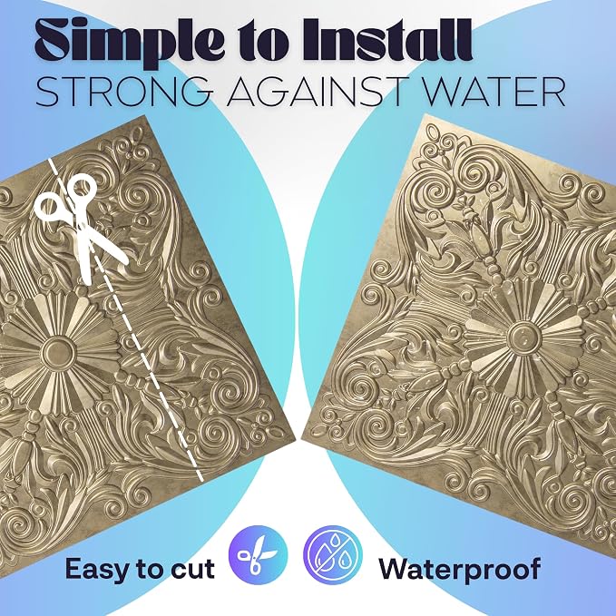 Art3d 12-Pack PVC Drop Ceiling Tiles, 2ft x 2ft, Floral Gold - Image 4
