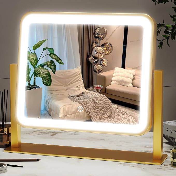 ROLOVE Gold Lighted Makeup Mirror, 3-Color Dimmable Lighting, 360° Rotation by ROLOVE