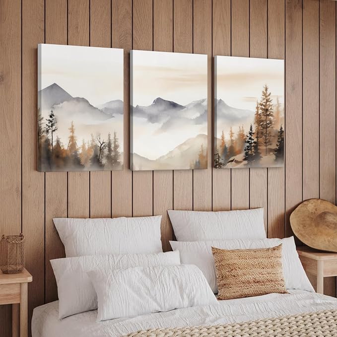 Neutral Mountain Wall Art Decor Set of 3 Forest Canvas Wall Art Poster - Image 4