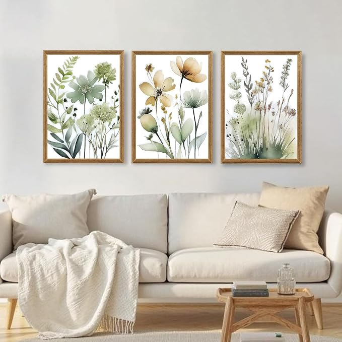 SYWENNOI Wood Framed Green Botanical Canvas Wall Art, Boho Floral Watercolor - Image 2