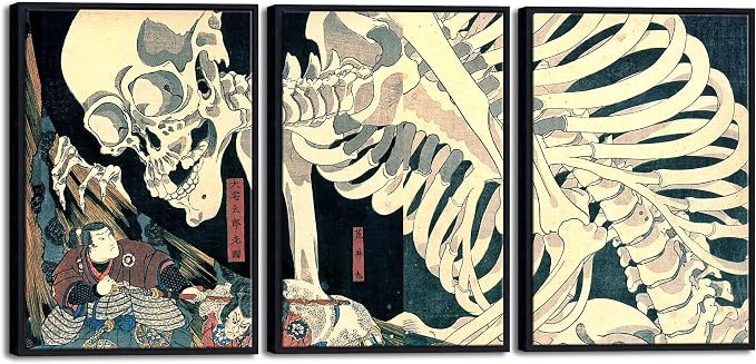 Wieco Art Black Framed 3 Piece Witch and Skeleton Ukiyo-E by Utagawa Takiyasha by WiecoArt