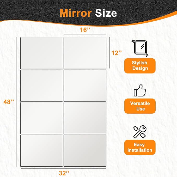 Delma Frameless Mirror Tiles 16"x12"x8 Pcs Wall Mounted, Shatter Resistant Full - Image 3