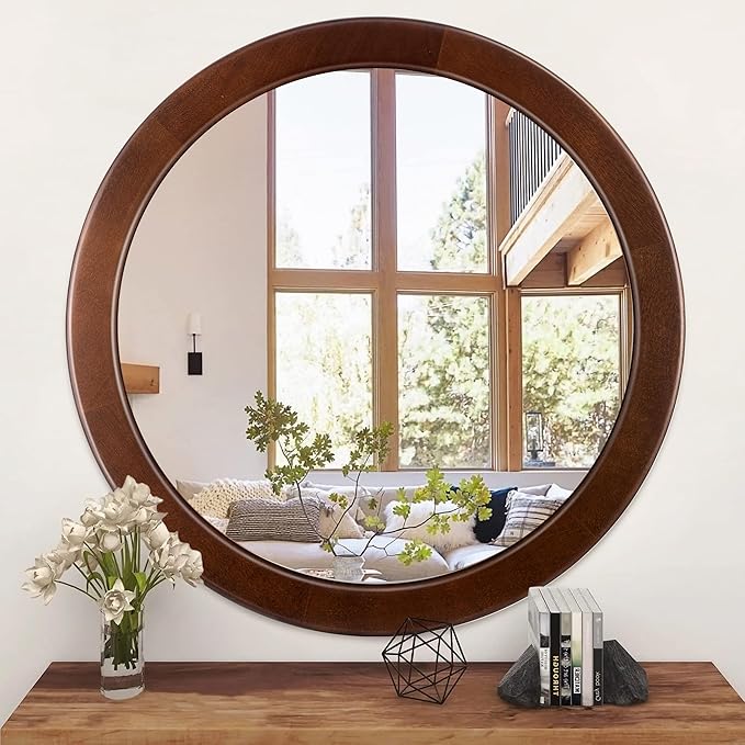 CULER Round Mirrors 30 Inch, Wood Vanity Wall Rustic Mirror by Culer