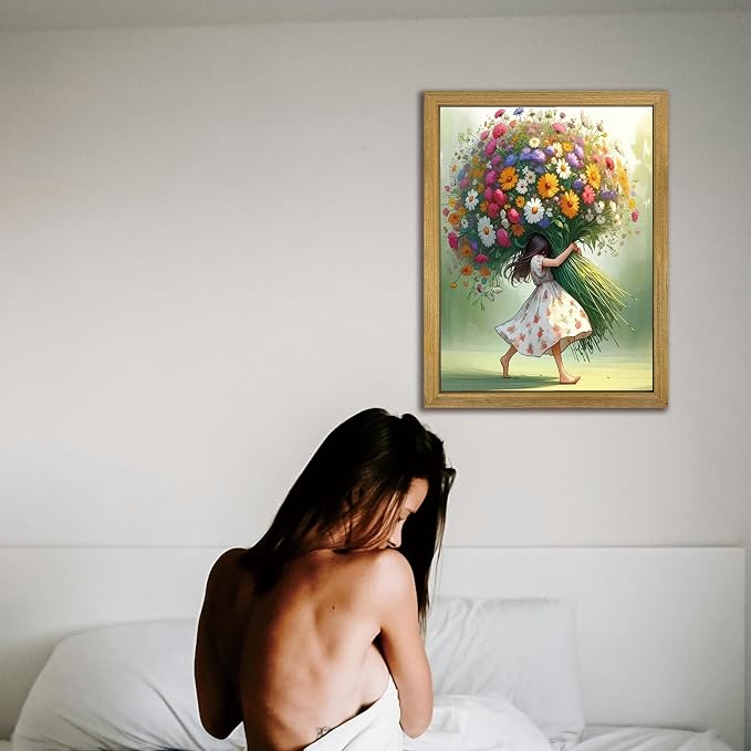 Wood Framed Pink Wildflower Canvas Wall Art, Girl Hugging Flowers Poster Prints - Image 9