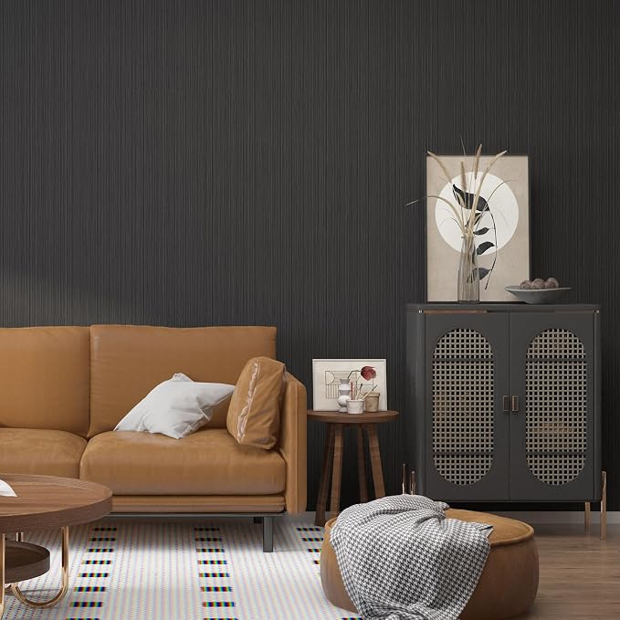 FUKU MON Dark Gray Vinyl/PVC Grasscloth Textured Wallpaper 24" X 394" Fabric - Image 4