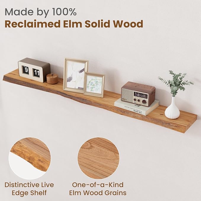 Floating Shelves for Wall Decor, Rustic Solid Elm Wood Live Edge Floating - Image 3