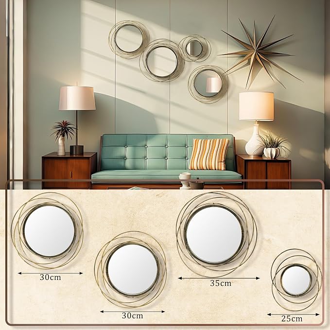 Hicarer 4 Pcs Decorative Wall Mirror Round Modern Circle Mounted Mirror Metal - Image 4
