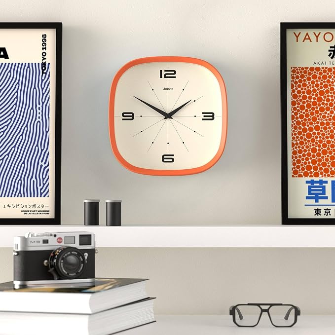 JONES CLOCKS® Pulsar wall Clock | Square Rounded Retro Clock | 10 inch | Orange - Image 3