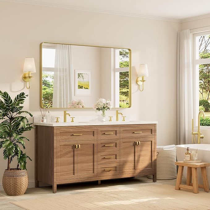 TETOTE 60 x 36 Inch Mirrors for Bathroom, Brushed Brass Gold Vanity Mirror - Image 2