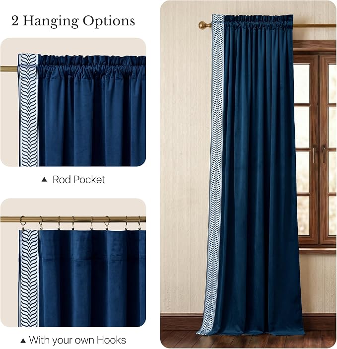 NICETOWN Rod Pocket Embroidered Trim Velvet Curtains, 2 Panels, Elegant Window - Image 6