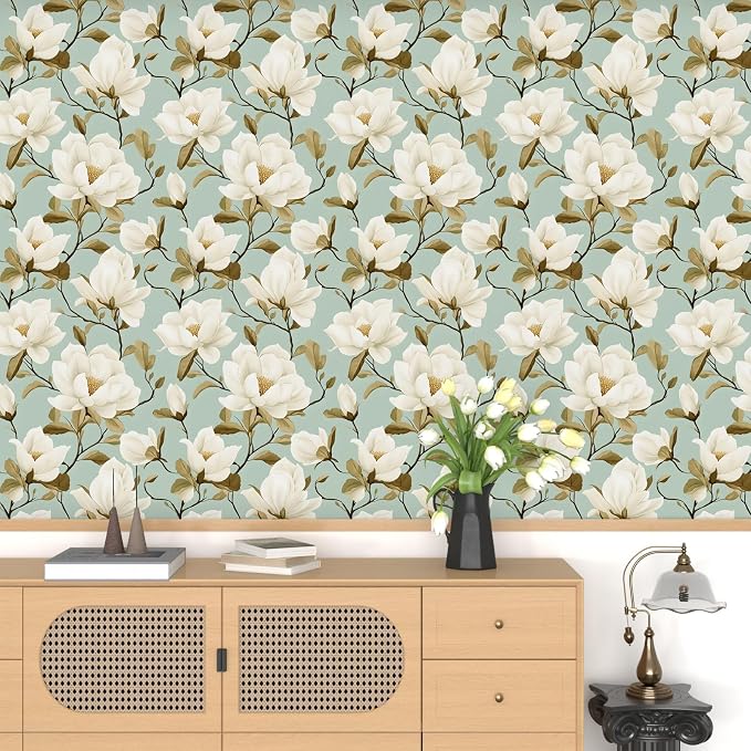 Modern Green White Flowers Wallpaper Blue Floral Peel and Stick Contact Paper - Image 7