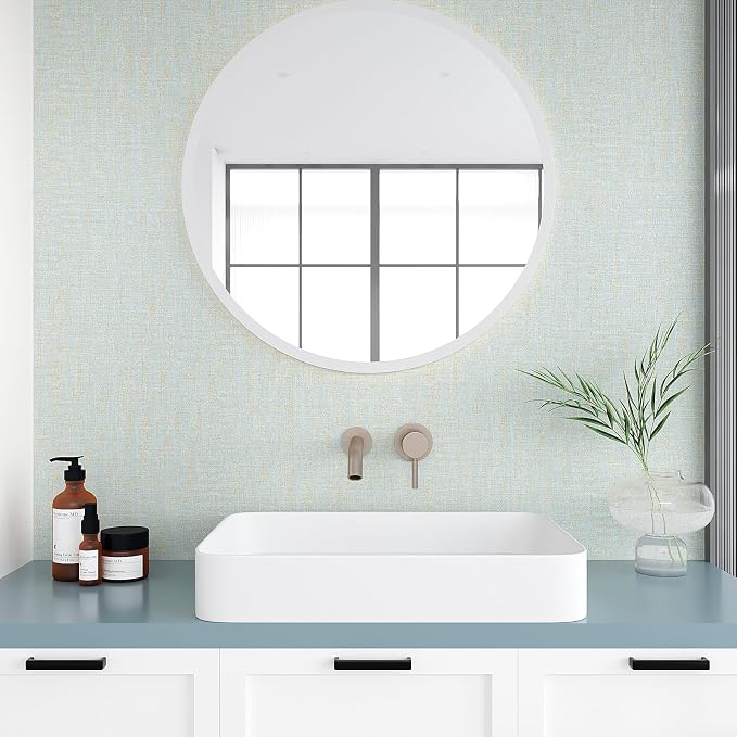 VEELIKE Blue Gold Grasscloth Peel and Stick Wallpaper 15.7''x118'' - Image 4