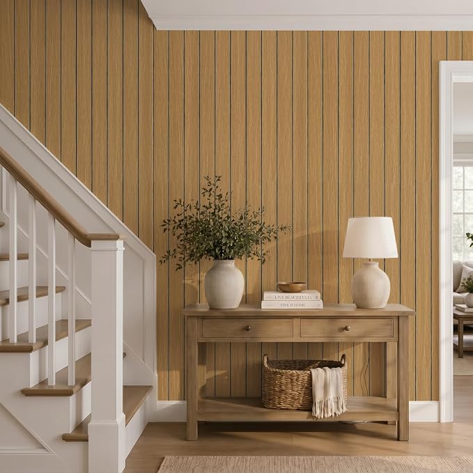 VEELIKE Honey Teak Wood Slat Wall Panels Peel and Stick Decorative Faux Wood - Image 2