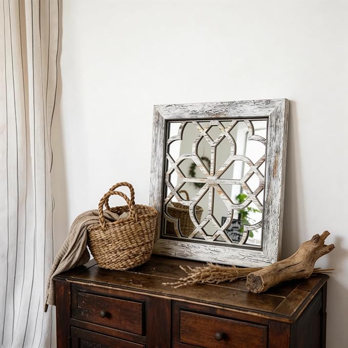 Set of 2 14 Inch Square Grey Window Pane Wall Mirrors, Shatterproof Rustic - Image 3