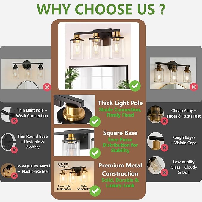 DORESshop Bathroom Light Fixtures, 3-Light Black and Gold Bathroom Lights Over - Image 2