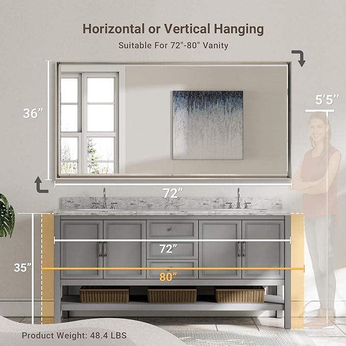 72 x 36 Brushed Nickel Bathroom Mirror, Beveled Framed Rectangle, Shatterproof - Image 2