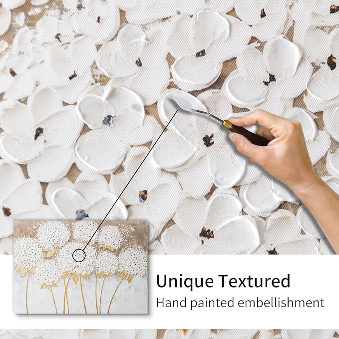 JolyWell Large hand painted wall art White Hydrangea Canvas Wall decor - Image 2