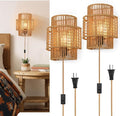 Plug-in Boho Wall Sconces Set of 2, Handwoven Rattan Wall Lights by AKEETO