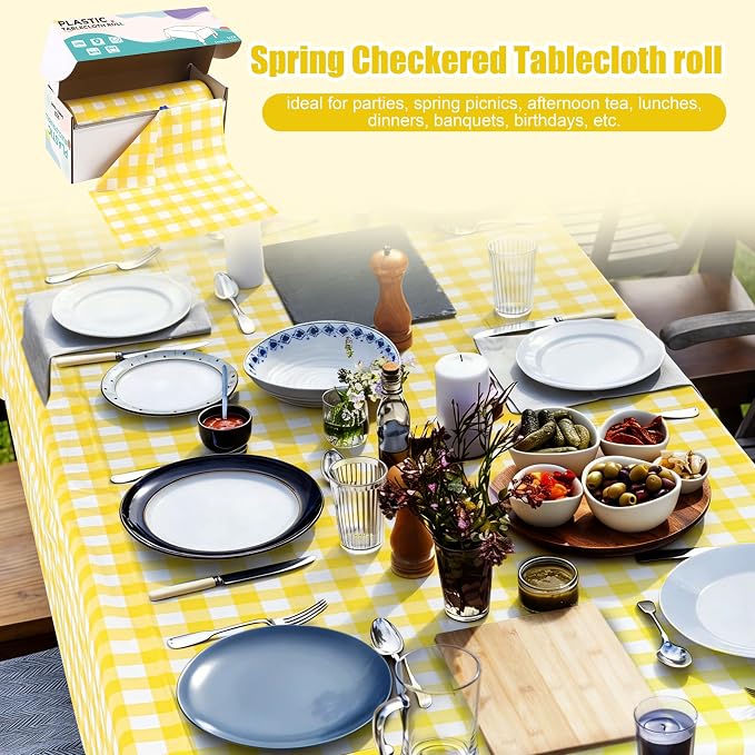 Kochorie 54 Inch x 300 Ft Light Yellow Checkered Plastic Table Cloth Roll - Image 5