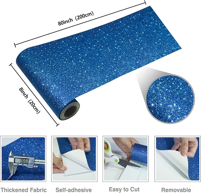 CRE8TIVE Blue Glitter Wallpaper Border Fabric Glitter Wallpaper Stick and Peel - Image 8